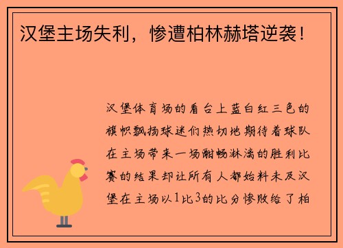 汉堡主场失利，惨遭柏林赫塔逆袭！